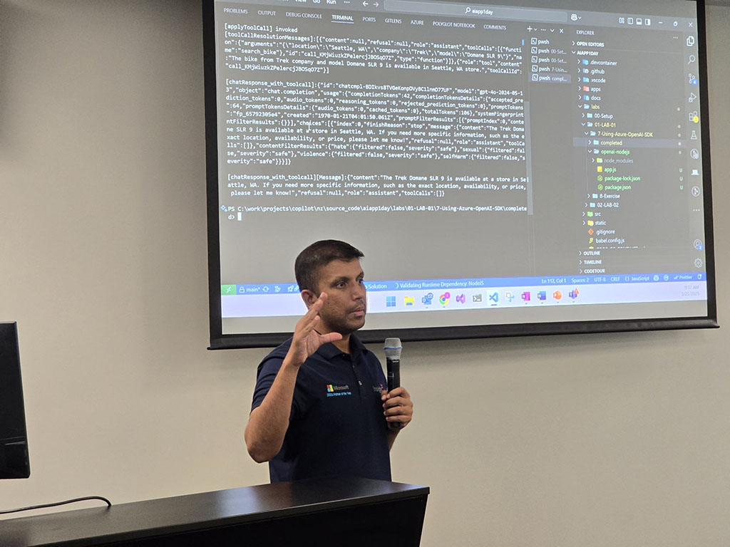 Presenter discussing AI app development tools